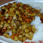 Kung Pao Chicken, Hühnchenbrust mit Karotten, Bambus und gerösteten Erdnüssen. Hier mal ein Gericht ohne Knochen. Bei Fleisch echt eine Seltenheit.